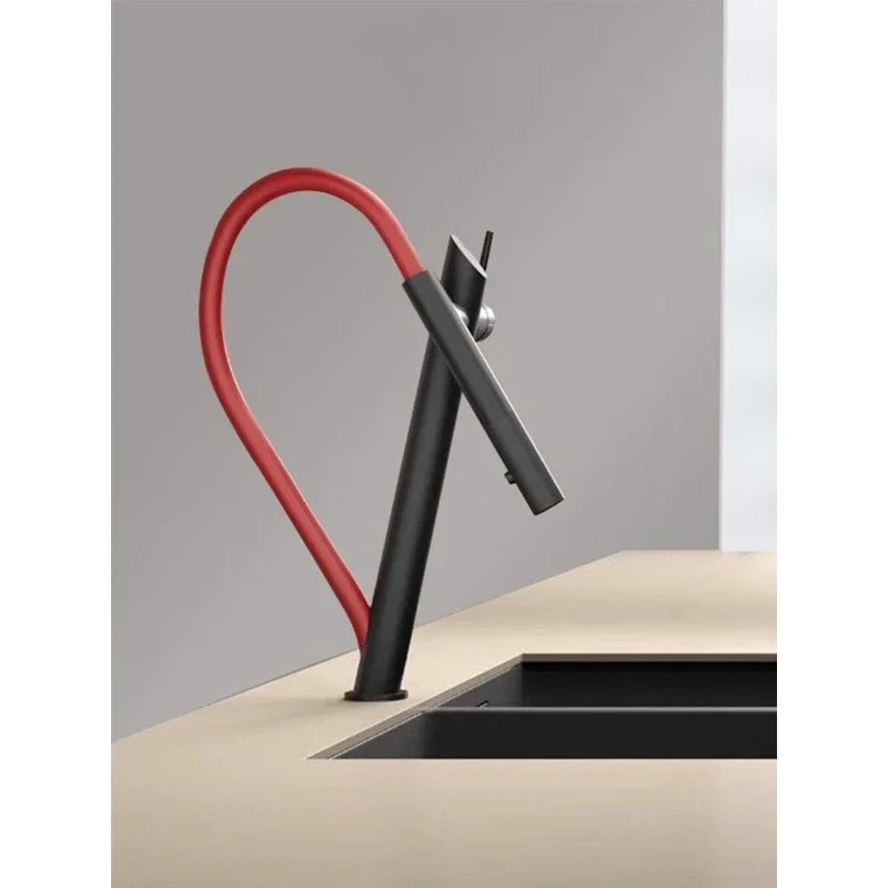 All-copper kitchen faucet black and red splashproof water universal pull-out sink washbasin island
