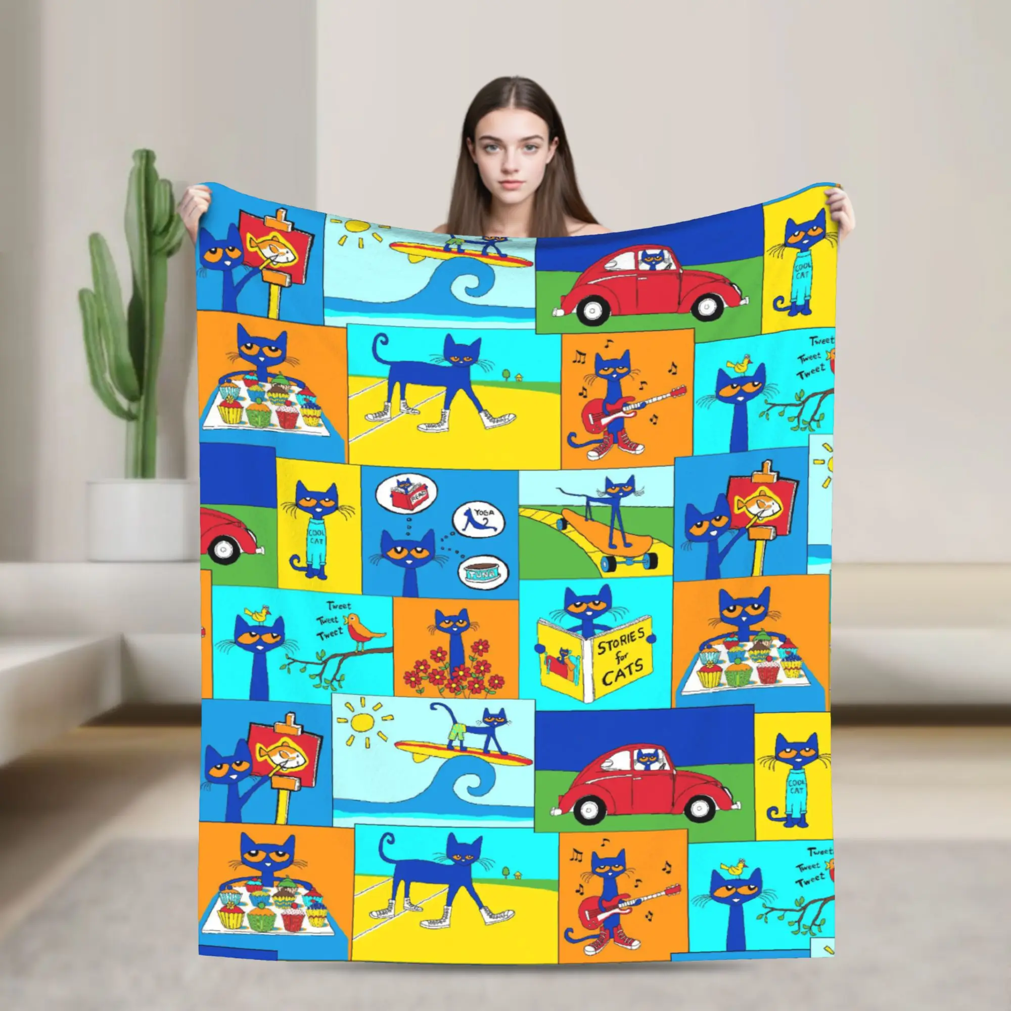 Pete the Cat  Blanket Cover Fleece Groovy Kitten Warm Throw Blankets for Car Sofa Couch Bed Rug