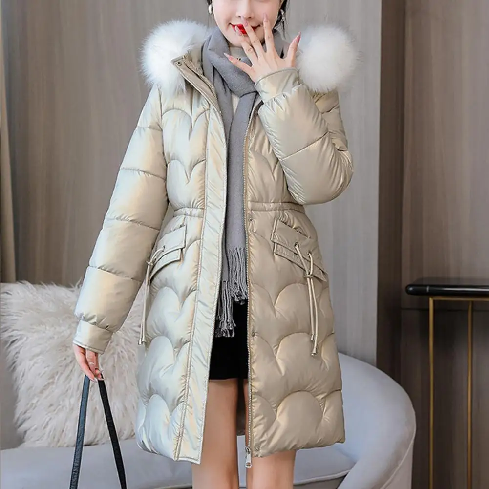 Faux Fur Hooded Women Parkas Super Thickened Padded Quilted Coats Waist Tight Windproof Mid Length Winter Down Coat Cooton Coat