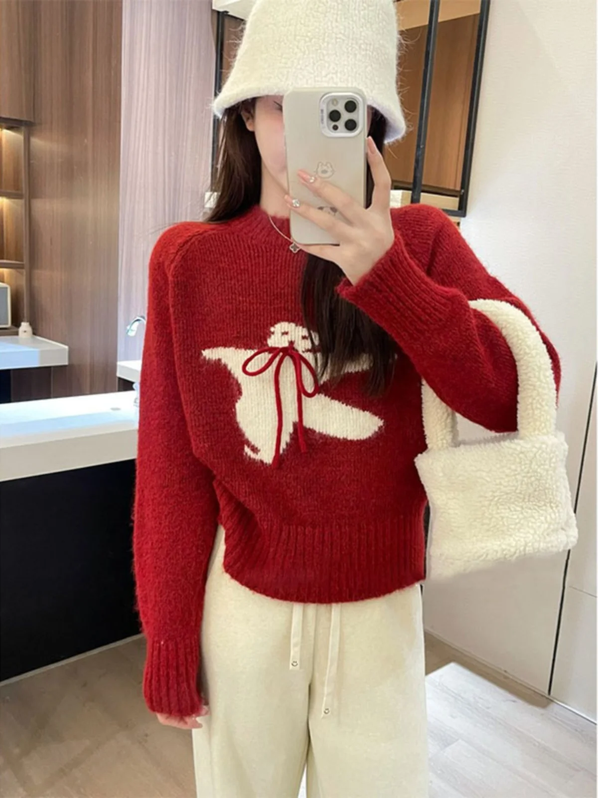 Christmas Cartoon Bear Red Sweater Women's 2024 New Autumn and Winter Idle Sle Short Knit Top