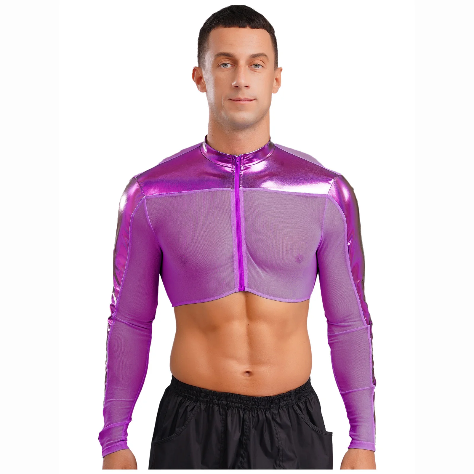 

Men Shiny Metallic See Through Cropped Tops Crew Neck Long Sleeves Breathable Sheer Mesh Slim Fit Front Zipper Half Top Clubwear