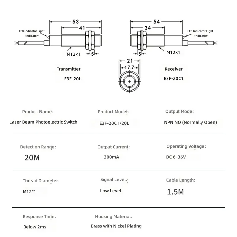 for E3F-20L/20C1 Laser Infrared Photoelectric Switch Sensor 20m Detection Range 12V 24V DC Industrial Automation