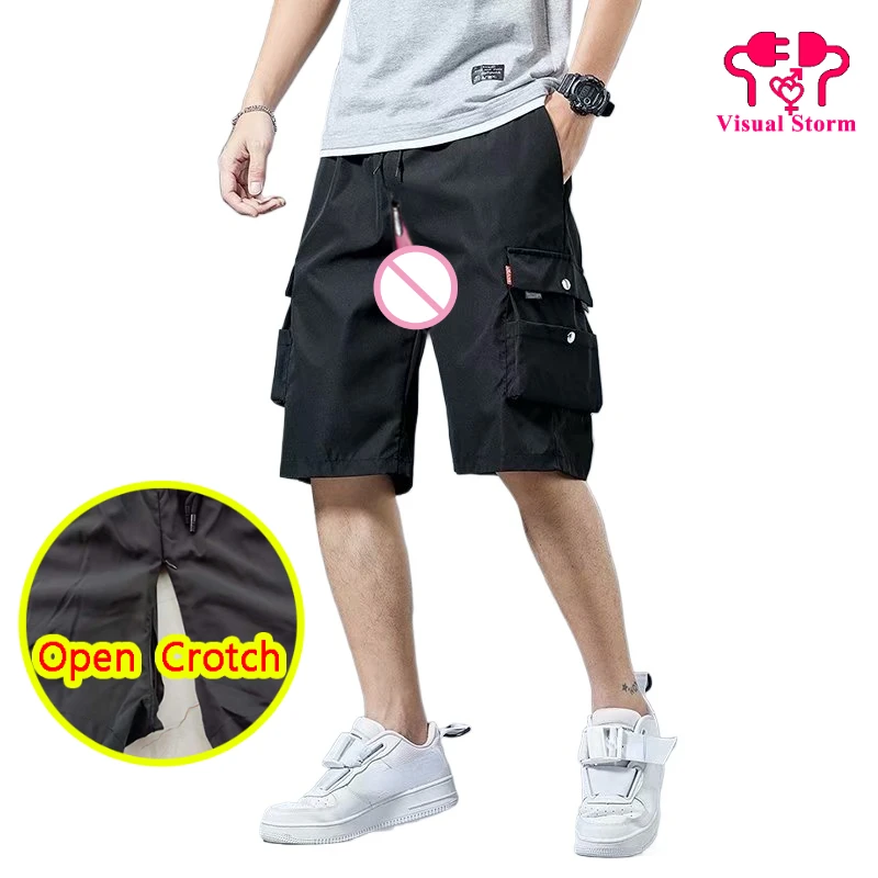 2024 5XL Men Open Crotch Mini Cargo Pants Invisable Zippers Loosed Pockets Fashion Leggings Korean Style Crotchless Clubwear