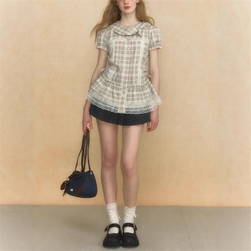 Camicia Y2k scozzese con colletto a palloncino in stile retrò americano Camicia estiva nuova in pizzo slim fit Camicie Abbigliamento femminile 1]1]