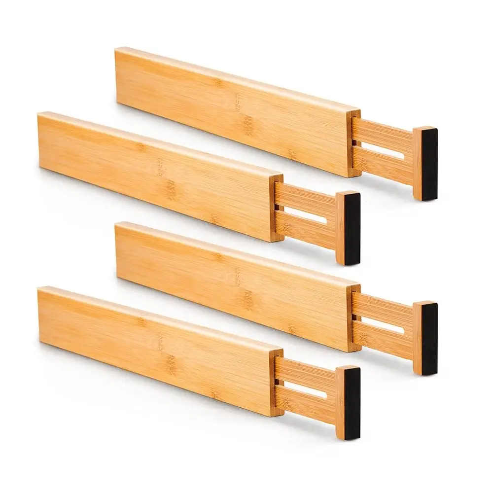 

4 Pcs Bamboo Kitchen Drawer Dividers Large, Adjustable Drawer Organizers, Spring Loaded, Works In Kitchen, Dresser, Bathroom,