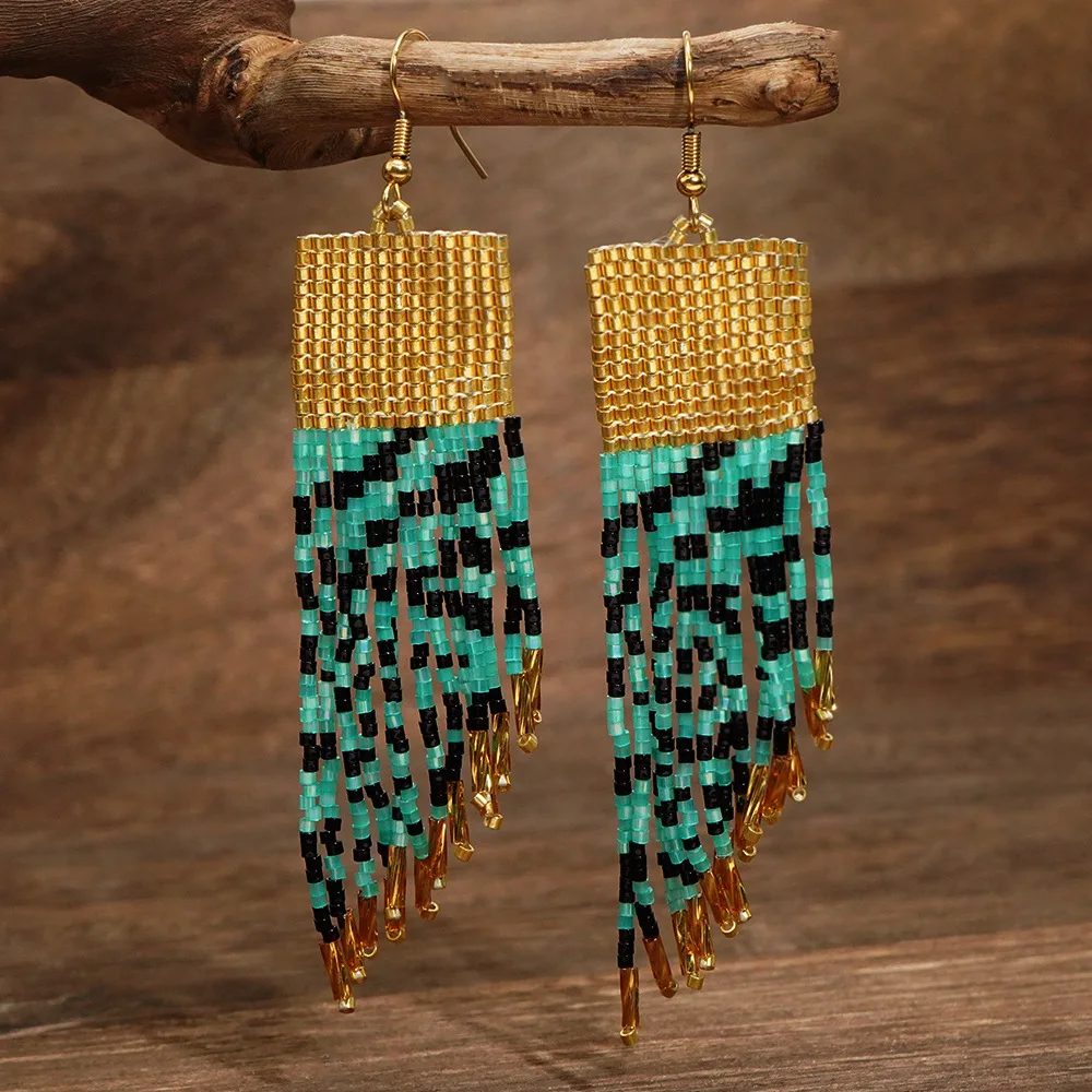 Beaded earrings Tassel Originality Irregularity Design Hand knitting Bohemia Alloy Tide Simple Rice bead earrings