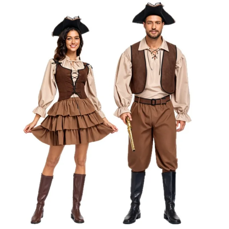 Kostium na Halloween dla dorosłych par: piracki cosplay, średniowieczna sukienka z falbanami, kostium kapitana Jacka Sparrowa, pełny zestaw na imprezę, przebranie.