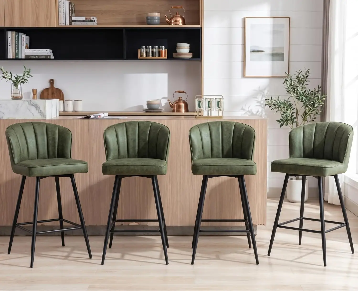 

Green Counter Height Bar Stools Set of 4, Modern PU Leather Barstools, Upholstered Bar Chairs, Comfy with Metal, Customized