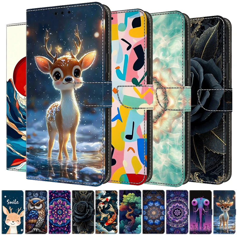 Leather Etui Phone Case For Samsung Galaxy A56 A36 A26 A16 A06 4G 5G A566 Flip Cover Magnetic Wallet Painted Flower Deer Fundas