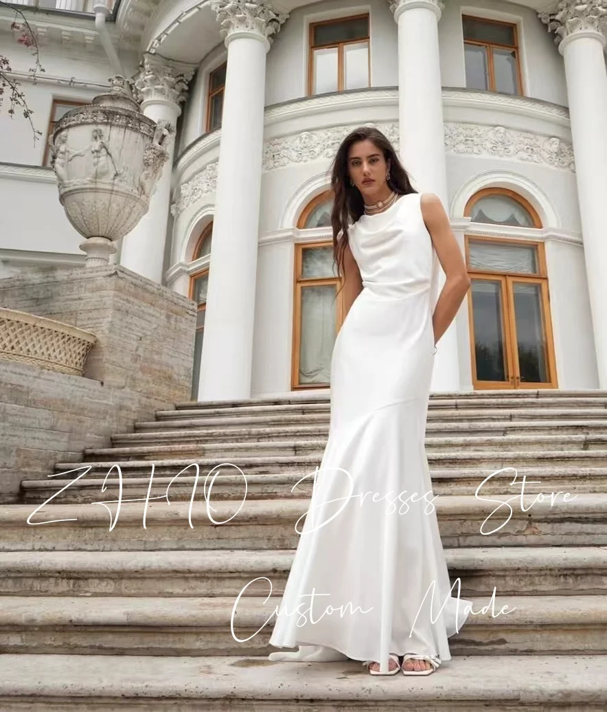 ZHIO فستان زفاف حورية البحر بسيط برقبة دائرية بدون أكمام سترة طويلة بطول الأرض فستان زفاف مخصص فساتين سهرة رسمية