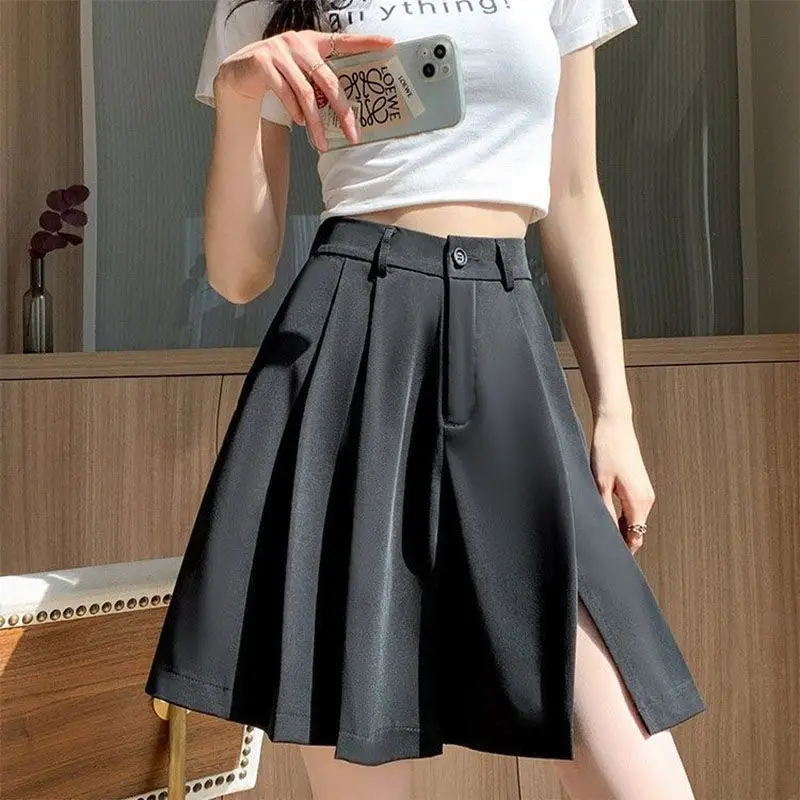 

Black suit shorts women's summer slit thin high waist a-line wide leg panties loose casual pants skirt pants Polyester