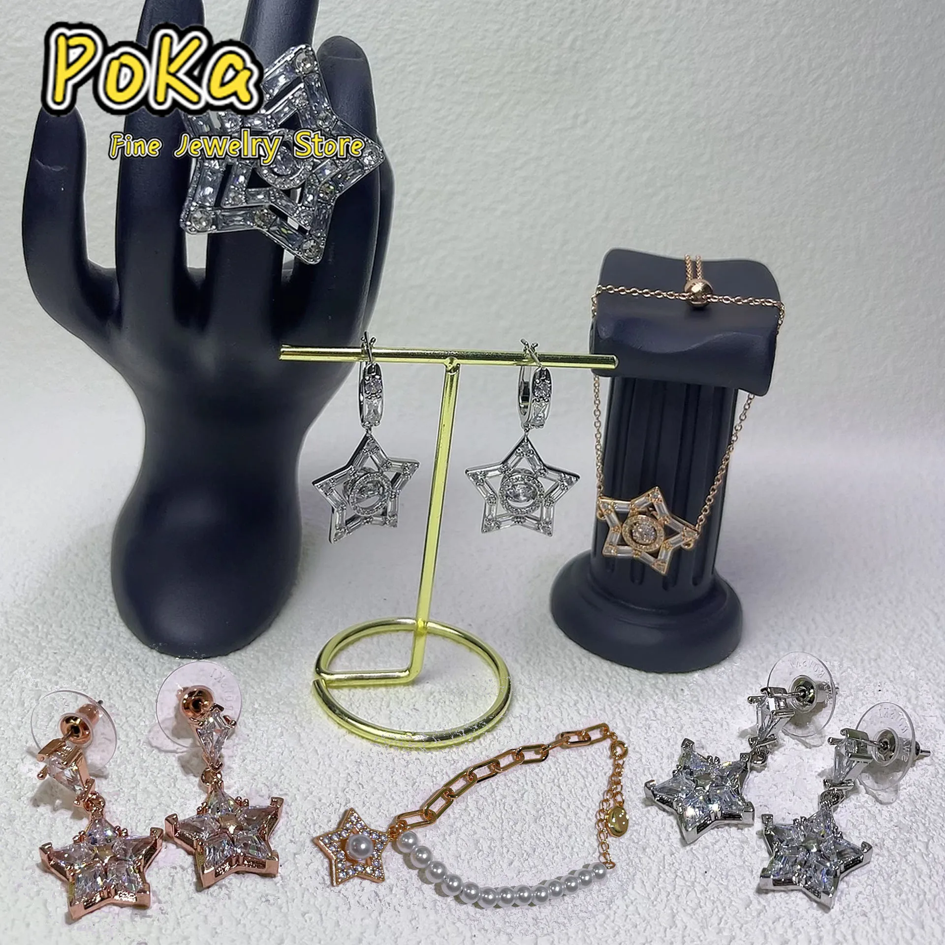 

Оригинальные модные изысканные комплекты ювелирных украшений с пятиконечной звездой, блестящие треугольные очаровательные звезды, ожерелье, жемчужные серьги, браслет для женщин