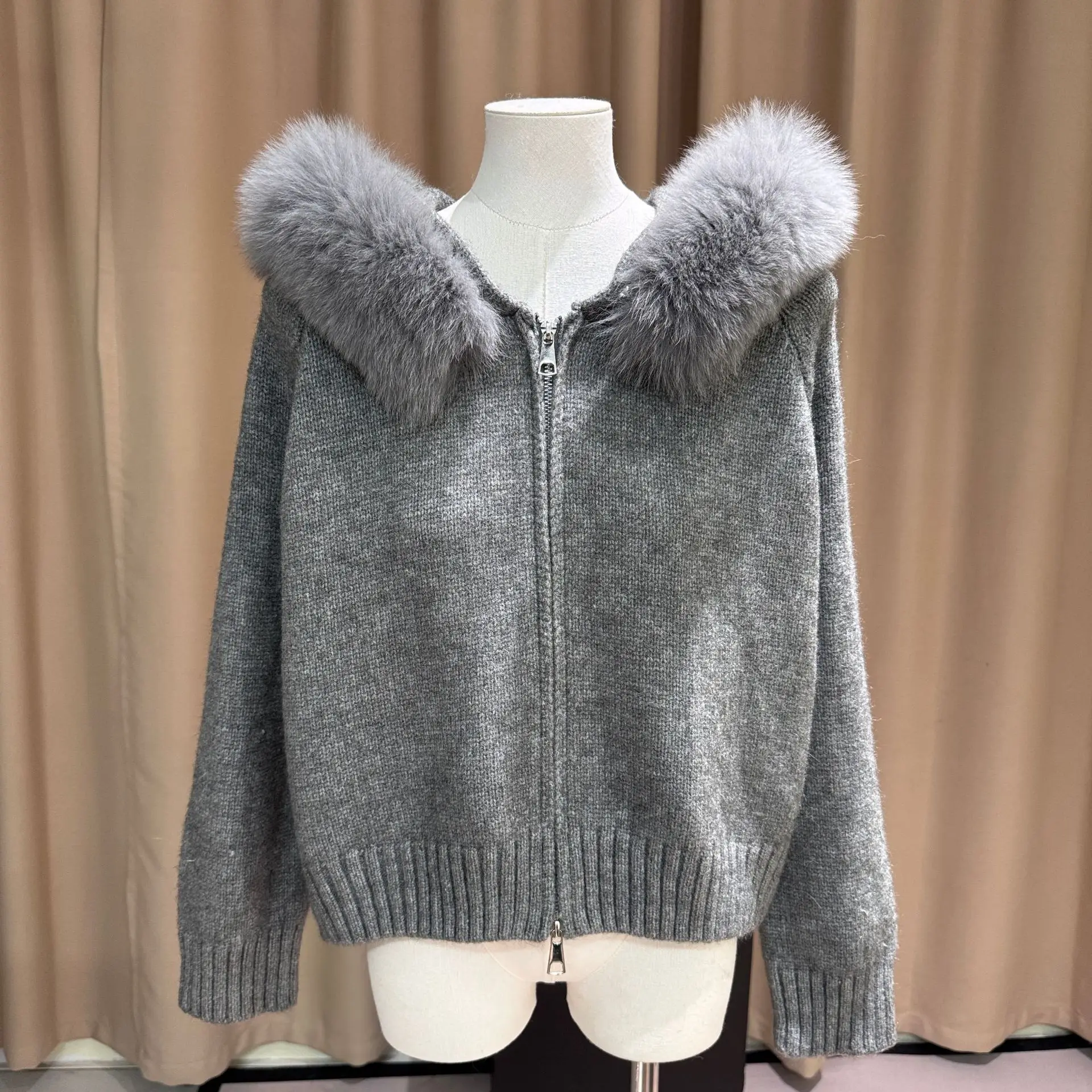 

Fall And Winter Womens Hooded Large Fur Collar Sweater Fox Fur New Fashion Street Versatile Knitwear Thickened Top Jacket