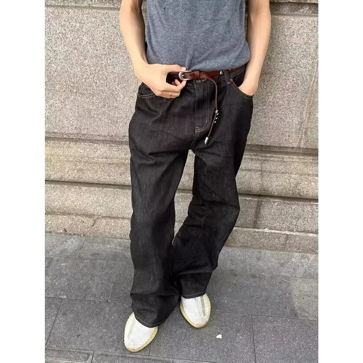 

Ретро-джинсы в американском стиле, сине-белые, с эффектом потертости, унисекс, свободные, широкие, повседневные, длинные брюки, модные