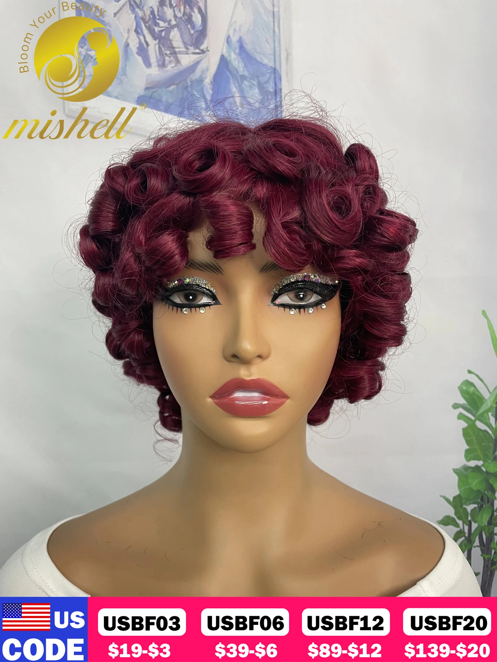 200% 99J Burgundy Bouncy Curly Human Hair Wigs with Bangs Afro Kinky Curly Full Machine Made Wigs Brazilian Remy with Baby Hair