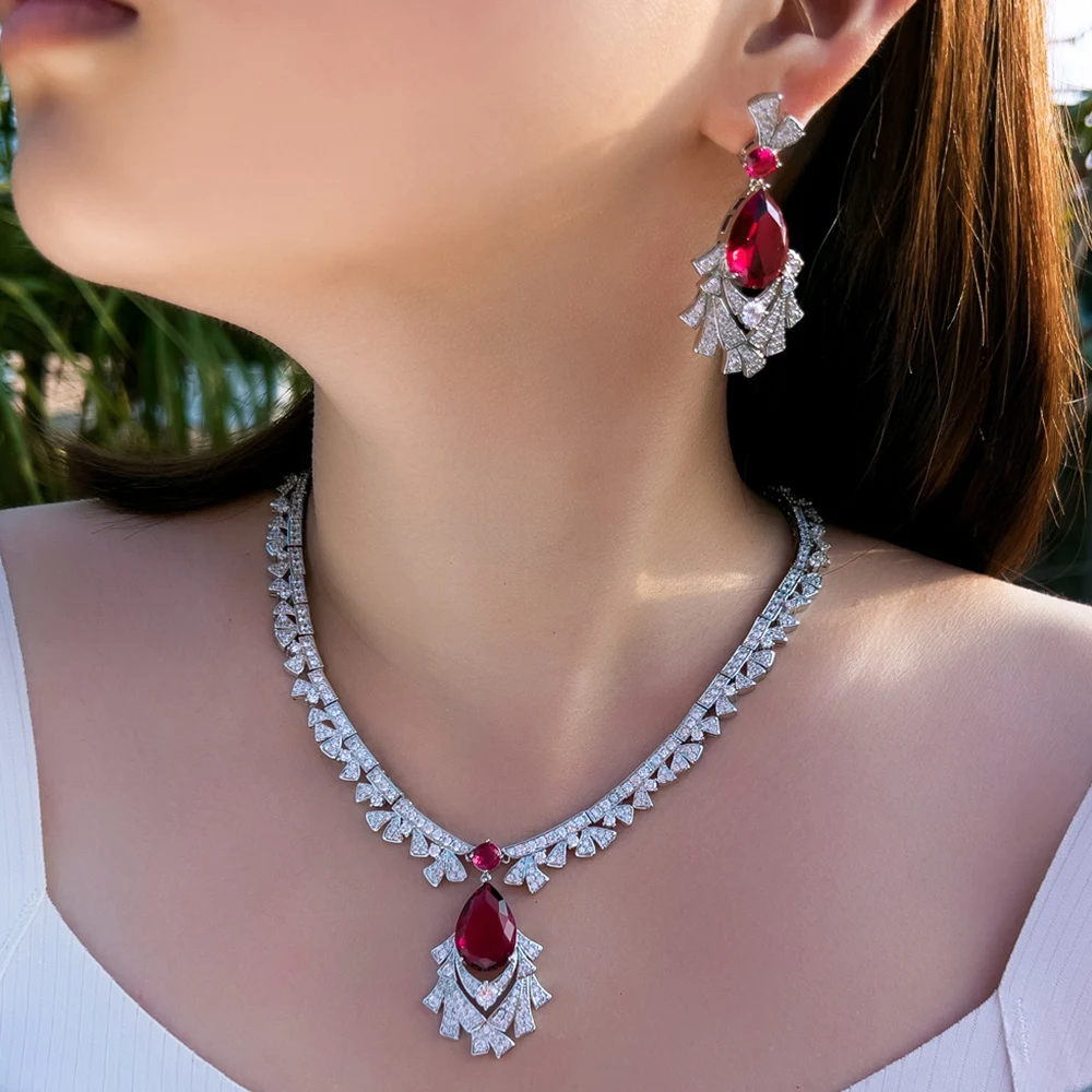 

CWWZircons Luxury Full Red White Cubic Zirconia Paved Women Elegant Wedding Necklace Earrings Dress Jewelry Set for Brides T0965