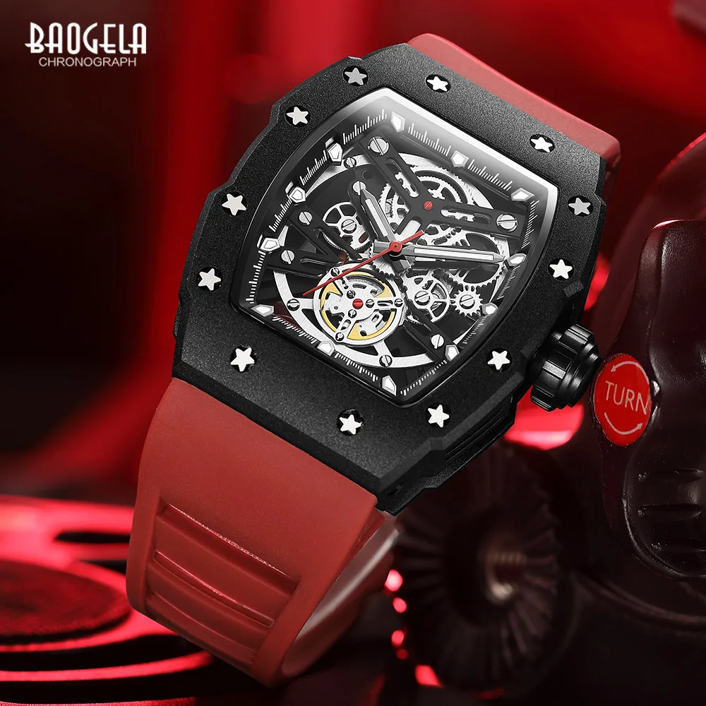 BAOGELA Military Sport Watch for Men Red Silicone Strap Analog Quartz Wristwatch with Luminous Hand Tonneau Dial Waterproof 4149