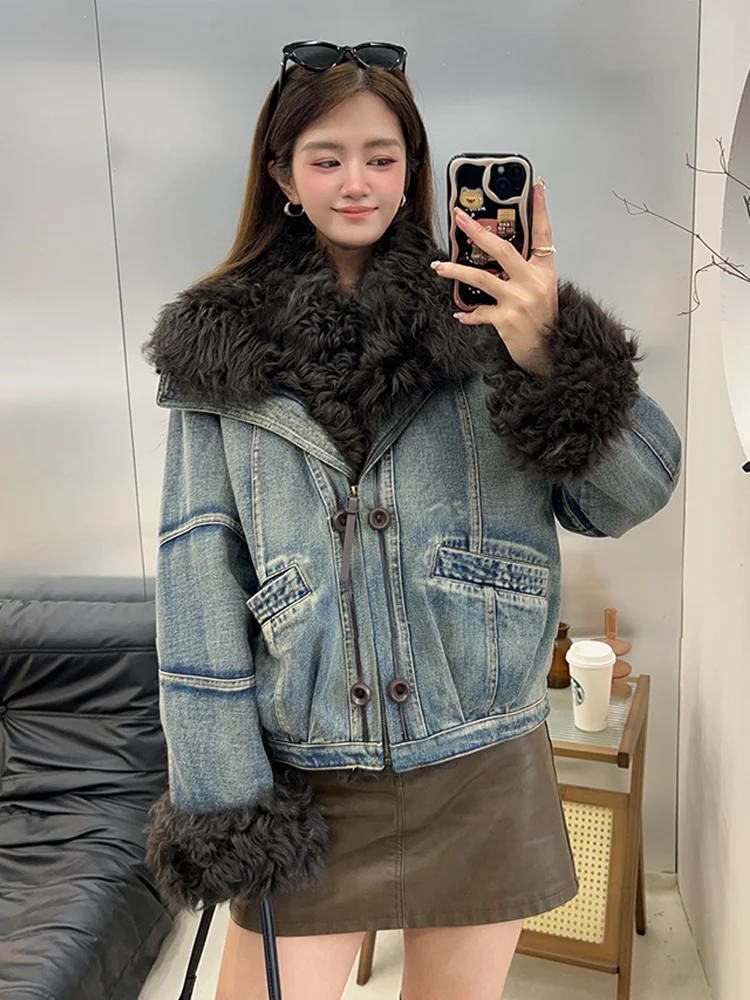 冬の新作リアルラムシープファーカラーカフスダウンジャケットショートカジュアルダウンウォームデニムジャケット女性用パーカーパファージャケット