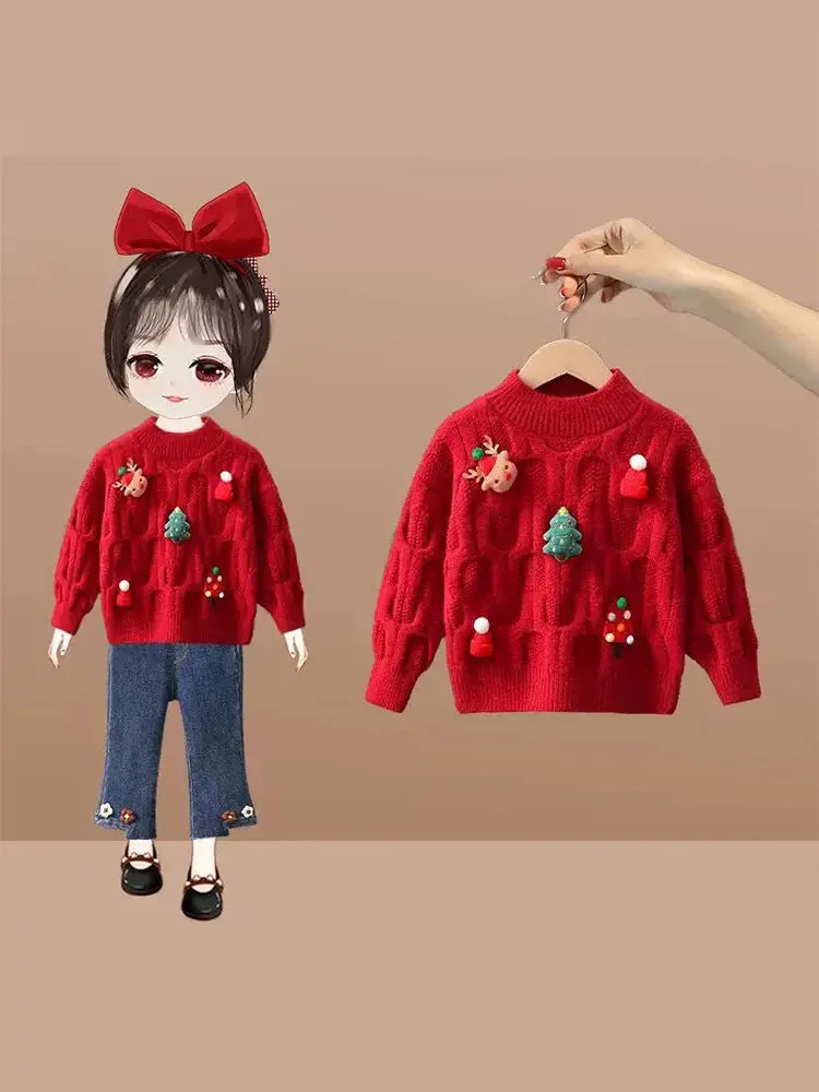 Girls\' Sweater Autumn/Winter 2024 New Latest Children\'s Winter Clothing Baby Red Christmas Knitted Top Bottom Shirt