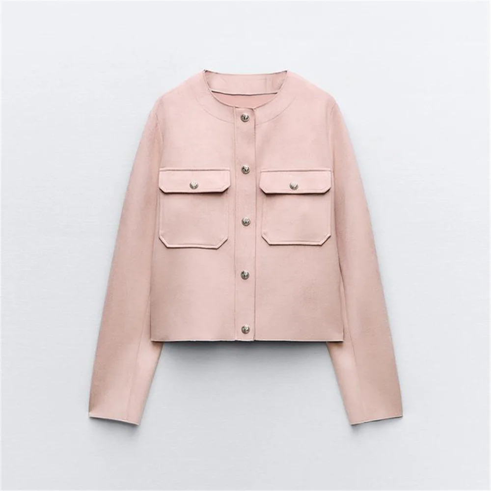 2024 Spring New Women\'s Wear Small Fragrant Round Neck Pocket Decoration with Fleece Texture Effect Short Jacket Coat