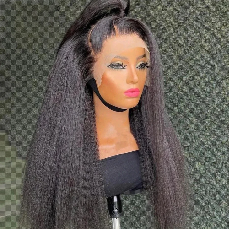 Soft Long 26Inch Yaki Black Lace Front Wig Kinky Straight For Black Women With BabyHair Preplucked Synthetic Glueless Daily Wig