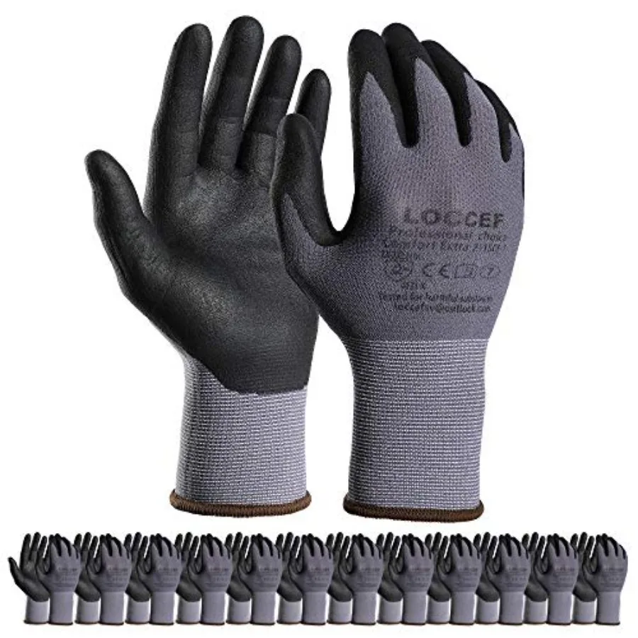 LOCCEF Safety Work Gloves MicroFoam Nitrile Coated-12 Pairs, Seaml Knit Nylon Gloves, Home Impment, Micro-Foam Gloves