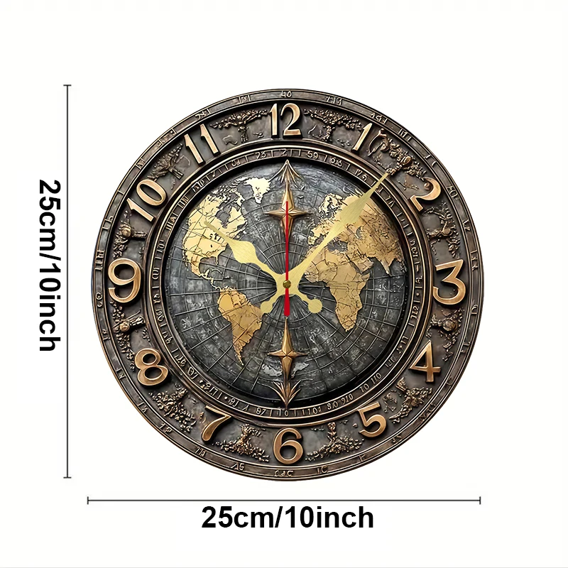 Horloge murale ronde silencieuse en bois avec carte du monde vintage, idéale pour le salon, le burea