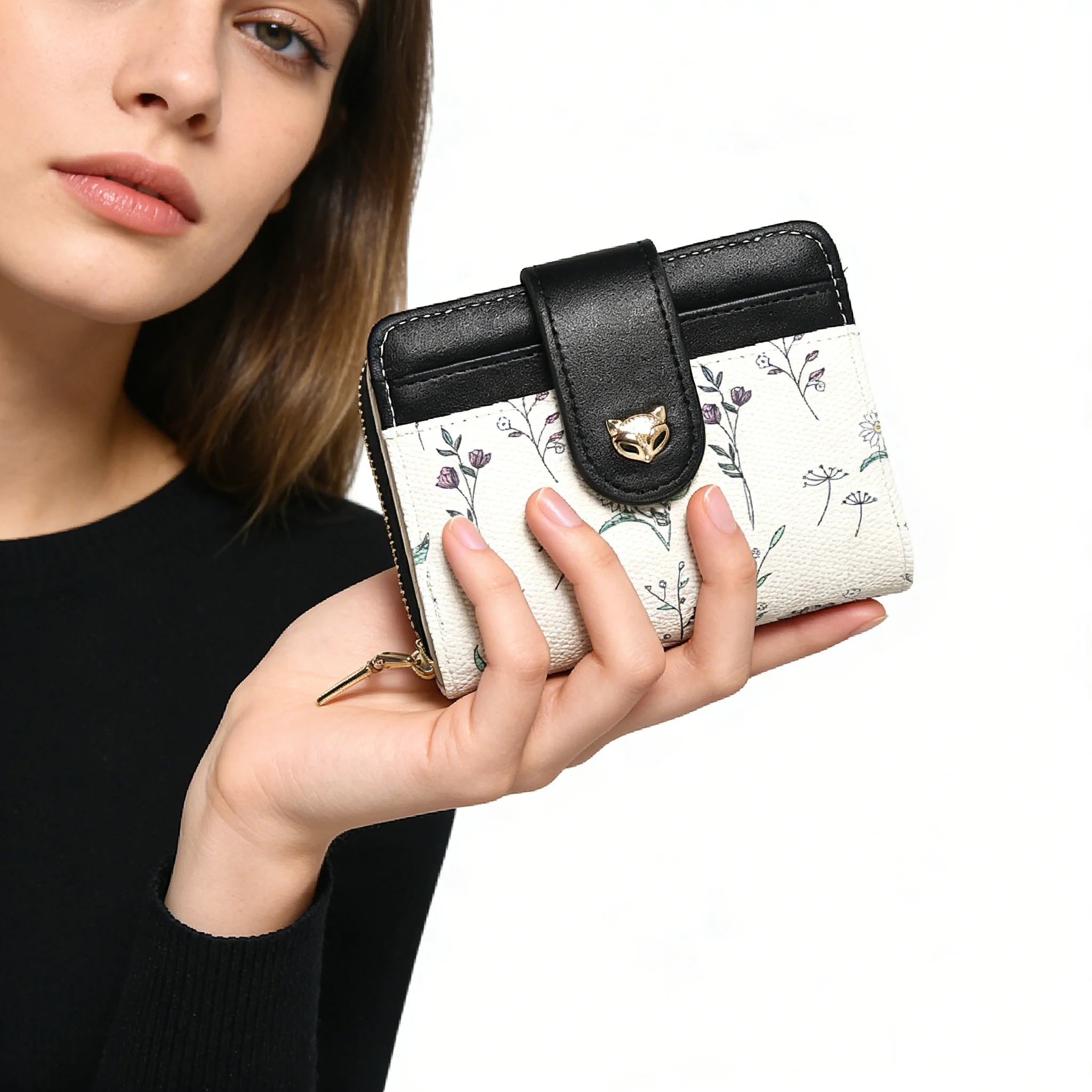 FOXER Luxury Women's Short Wallet, PU Leather Floral Printed Card Holder with Snap Closure, Small Zipper Coin Purse for Ladies