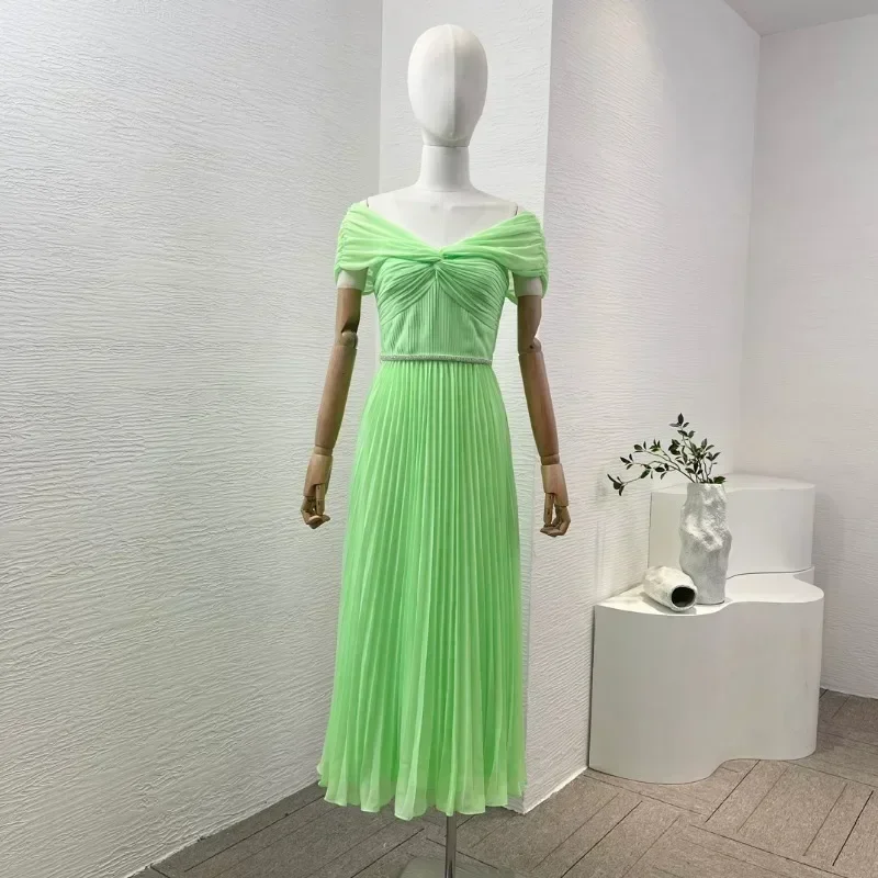Elegant สีเขียวชีฟองผู้หญิง Midi ชุดปิดไหล่คอแขนกุด 2024 ฤดูร้อนคุณภาพสูงชุดสําหรับปาร์ตี้วันหยุด