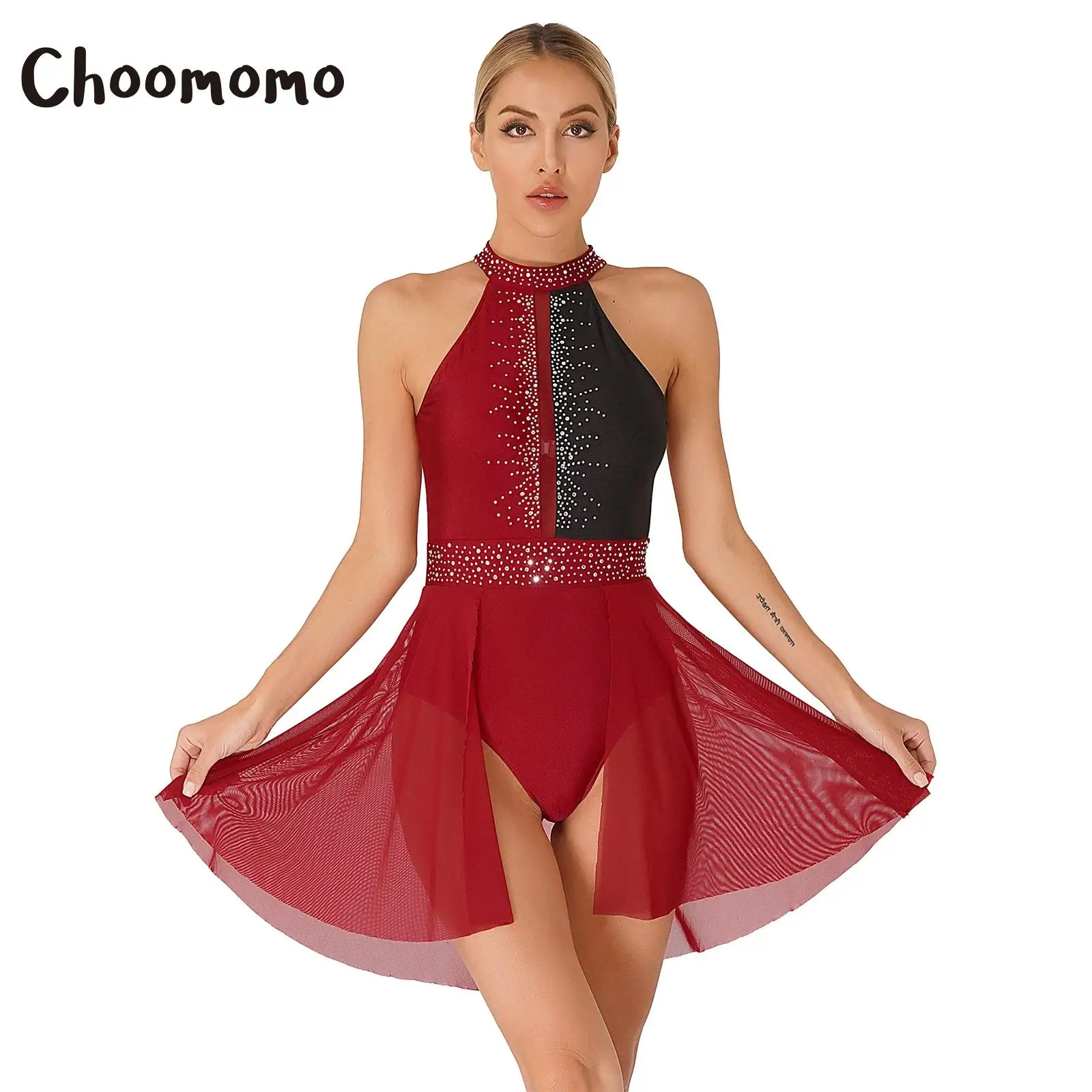 

Womens Shiny Rhinestone Color Block Sleeveless Keyhole Back Dance Dress Leotard Figure Ice Skating Performance Costume Dancewear