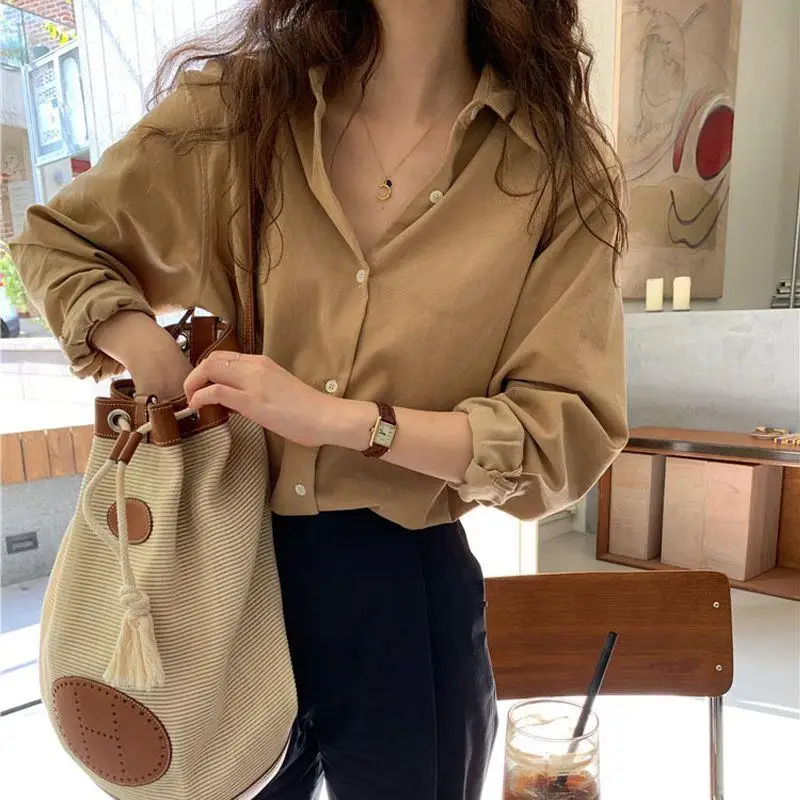 Spring Autumn Woman Clothes Long Sleeve Chic Pure HongKong Retro Style Polo-neck Casual Elegant Fashion Office Lady Simplicity