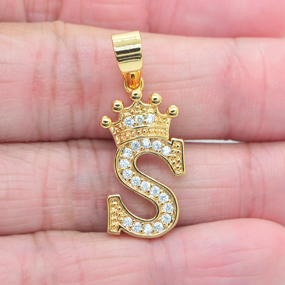 High Quality Gold Color Clear Cubic Zirconia Fashion Alphabet Letters Small Crown Pendant Jewelry