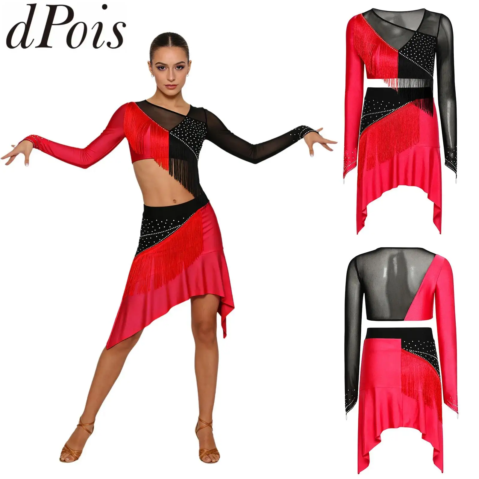 

Женский костюм для латиноамериканских танцев: танго, ча-ча-ча, сальса. Комплект для выступлений: укороченный топ с длинными рукавами, сетчатыми вставками и бахромой, а также юбка с бахромой.