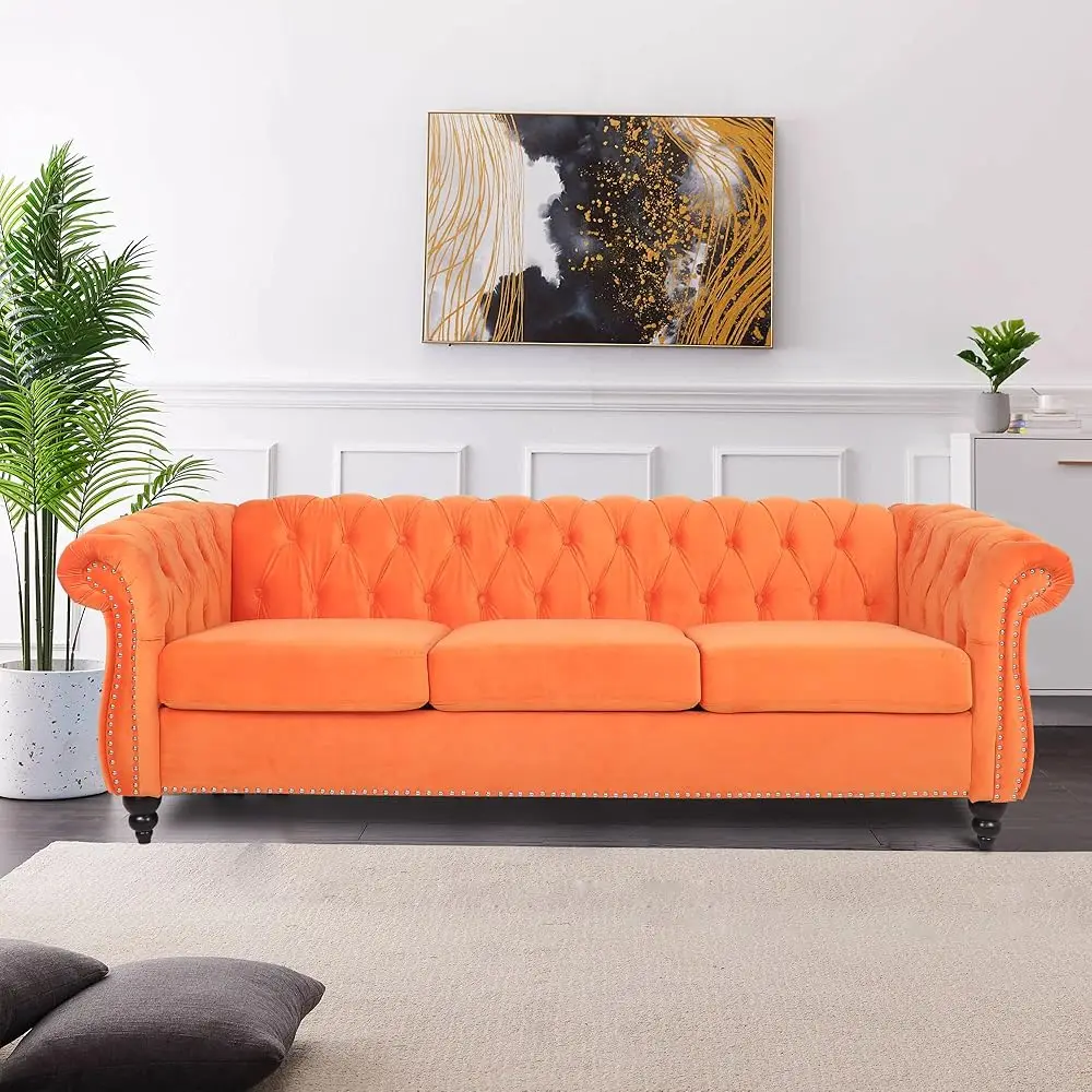 

Velvet Chesterfield Sofa, Classic Tufted Upholstered Couch, Modern 3 Seater Couch Long Settee Furniture With Tufted Ba For