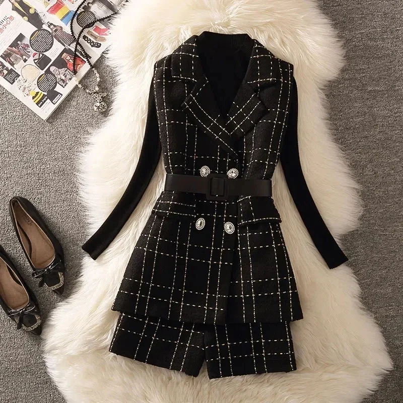 Vintage Fall Shorts Suit Elegant Luxury Plaid Tweed 3 Piece Sets Women Korean Mid-Length Belt Vest Jacket + Pants + Knit Sweater