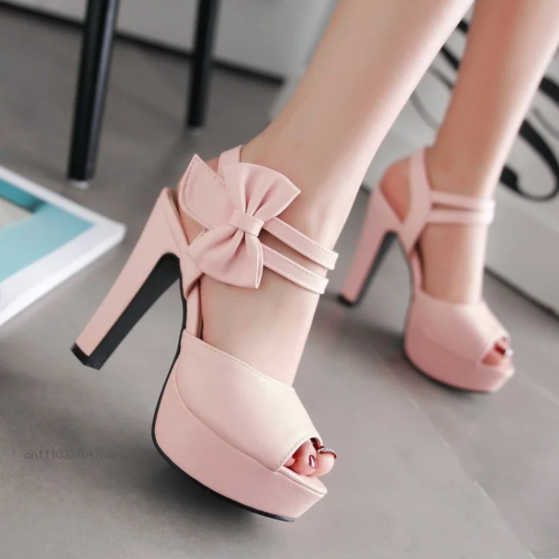 Women Peep Toe Platform High Heel Sandals Cute Bow Ankle Strap Chunky Block Heel Shoes Party Dress Pumps Fashion Wedding Shoes