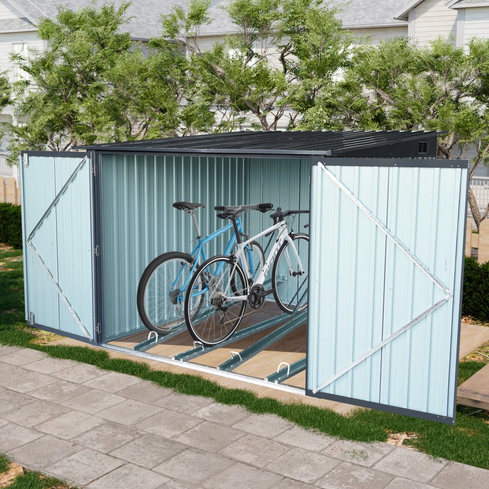 Outdoor Steel Storage Shed For Bicycle with Slope Roof and 4 Bike Tracks, black