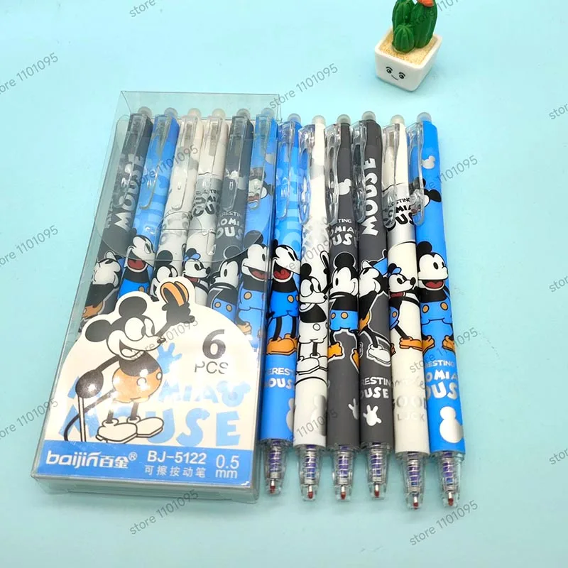 6pcs/box Disney Mickey Mose Press Gel Pens For Writing Cute 0.5mm Blue ink Erasable Pen School Office Supplies Stationery