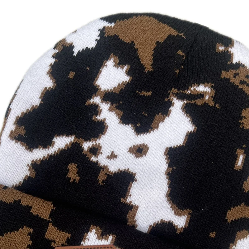 1 peça gorro feminino preto inverno elegante estampa de vaca com punho design elástico boné fashion para exterior