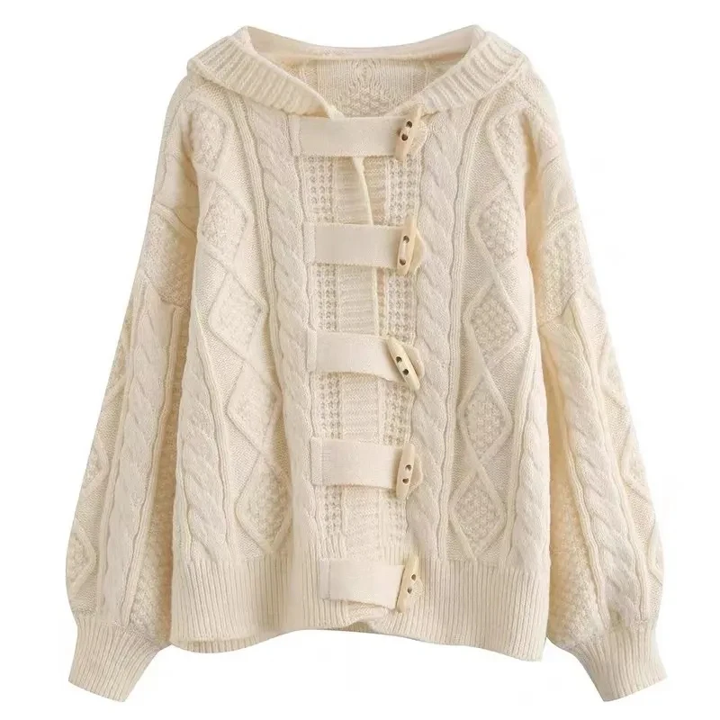 韓国トグルボタンケーブルニットセーター女性ピンク長袖フード付きカーディガンルーズ怠惰なカジュアルソフトプレッピースタイルコート