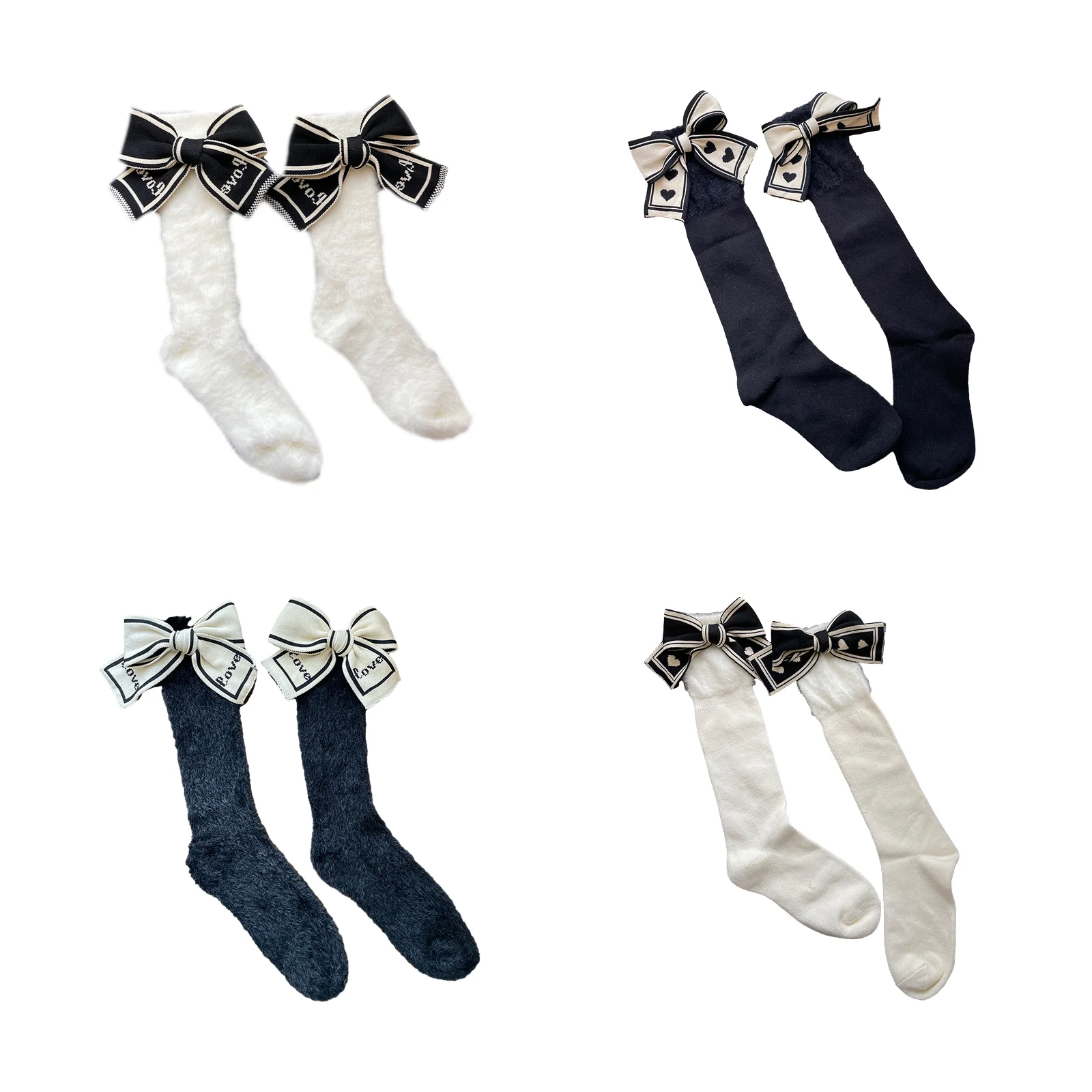 

Japanese Women JK Girls Winter Warm Furry Calf Socks Sweet Detachable Big Bowknot Fuzzy Plush Middle Tube Ankle Socks