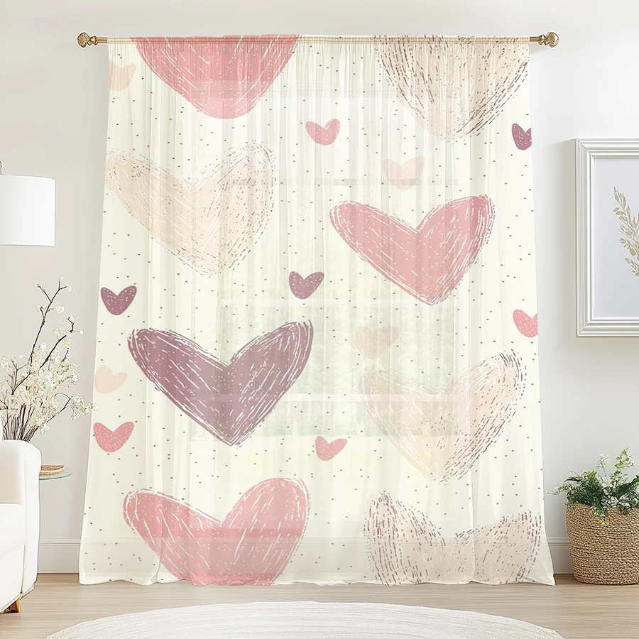1PC Pastel Heart Pattern Sheer Curtain Valentine Romantic Window Drape Light Filtering for Bedroom Living Room Home Decor