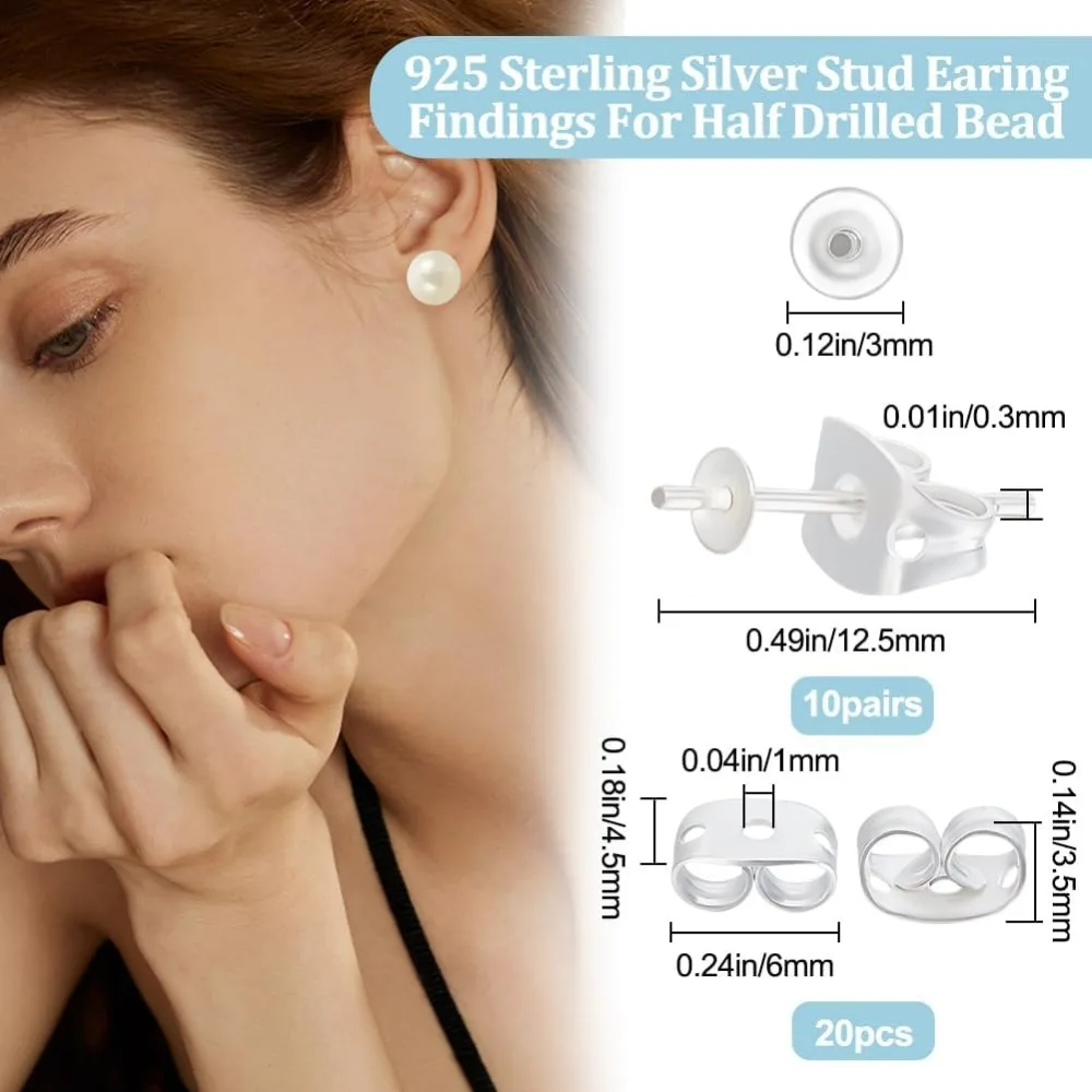 1 Box 20Pcs Pearl Cup Earring Post Sterling Silver Stud Earring Findings 0.3mm Pin with 20Pcs Butterfly Ear Back for Half