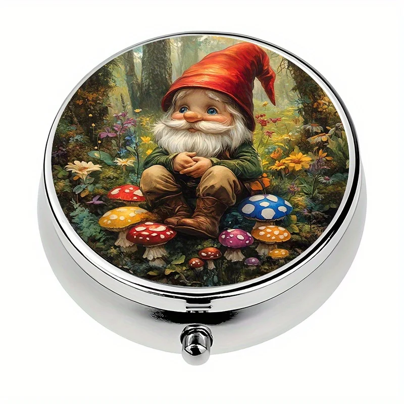 1-piece 3-compartment pill organizer, fantasy gnome garden theme, mini pill box, pill organizer, portable travel style, unique gift