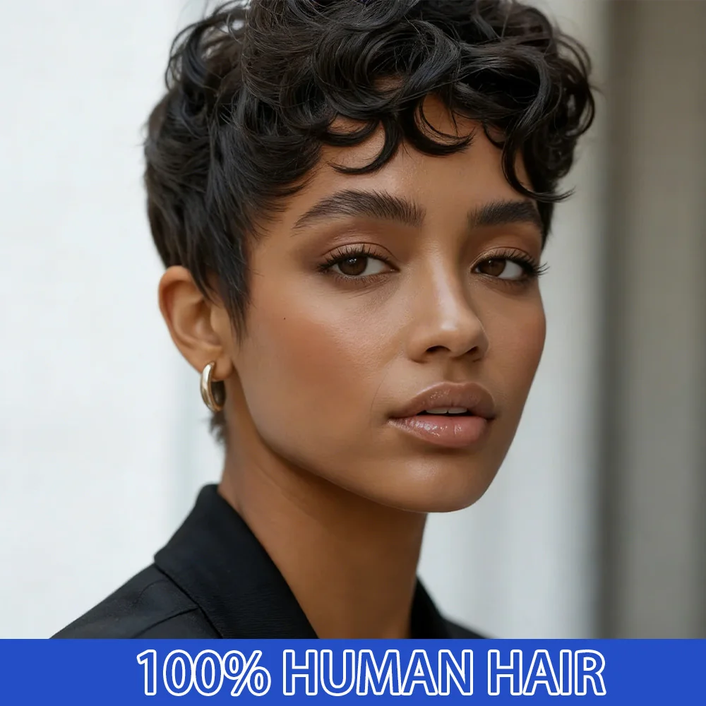 

Короткий парик-пикси из натуральных волос с челкой, машинной работы, для повседневных встреч