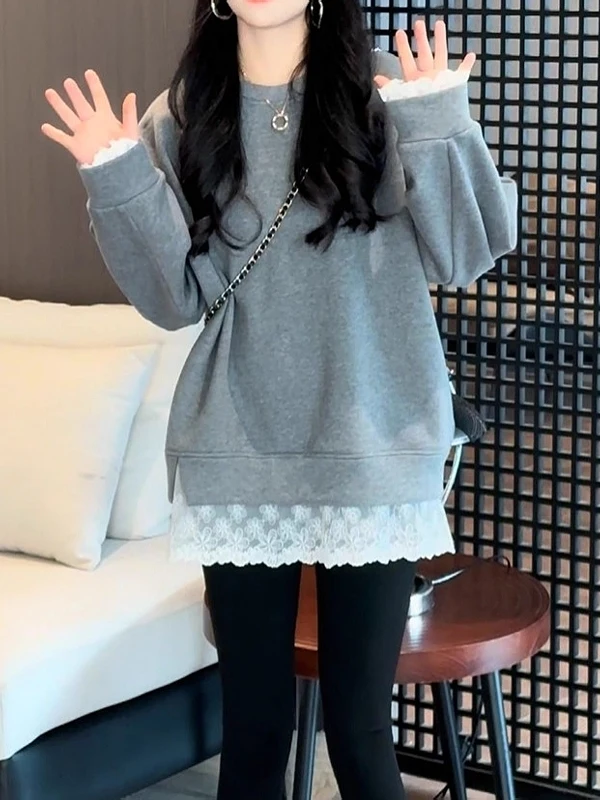 

plus Size Long Sleeve Fleece Lined Loose Women's Sweatshirt Patchwork Lace Trim Spring New Style Comfortable T-Shirt Top