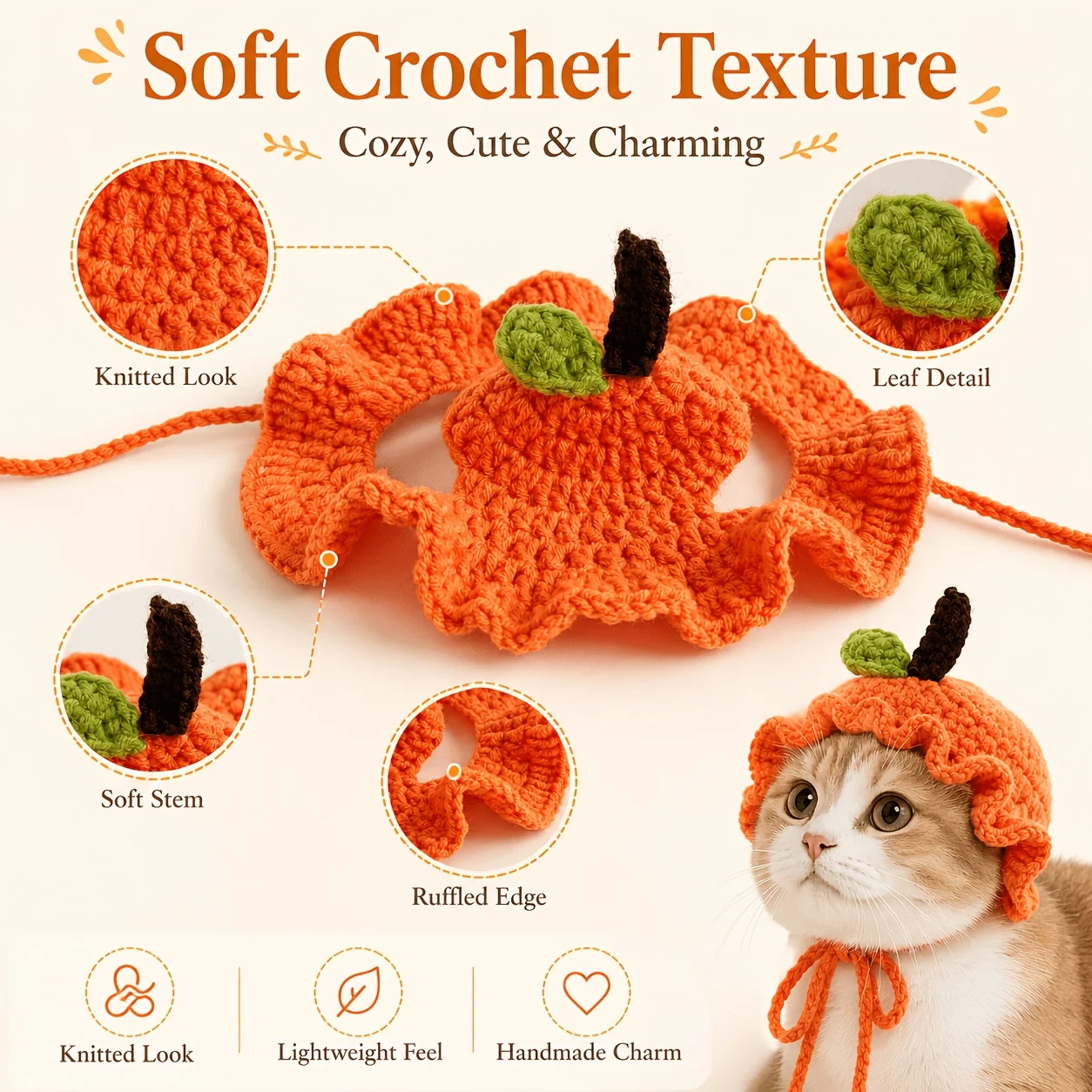 Cute Orange Peel Cat Hat, Soft Crochet Citrus Costume with Adjustable Ties, Funny Photo Prop for Cats and Kittens, Hats for Cats view 2