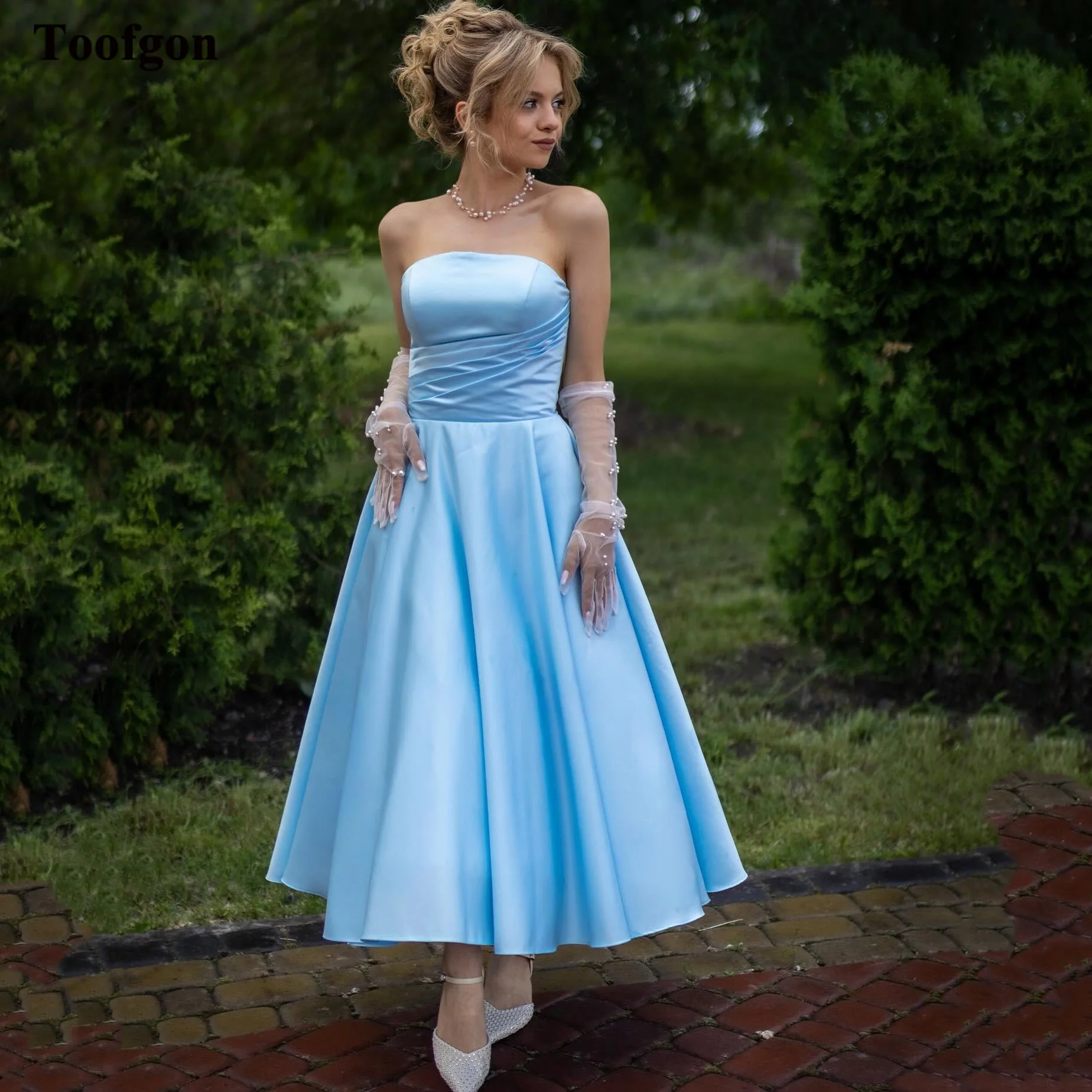 

Toofgon Customized Blue Satin Women's Prom Dresses Lace Up Midi Homecoming Gowns Special Occasion Party Pastoral Formal Dress