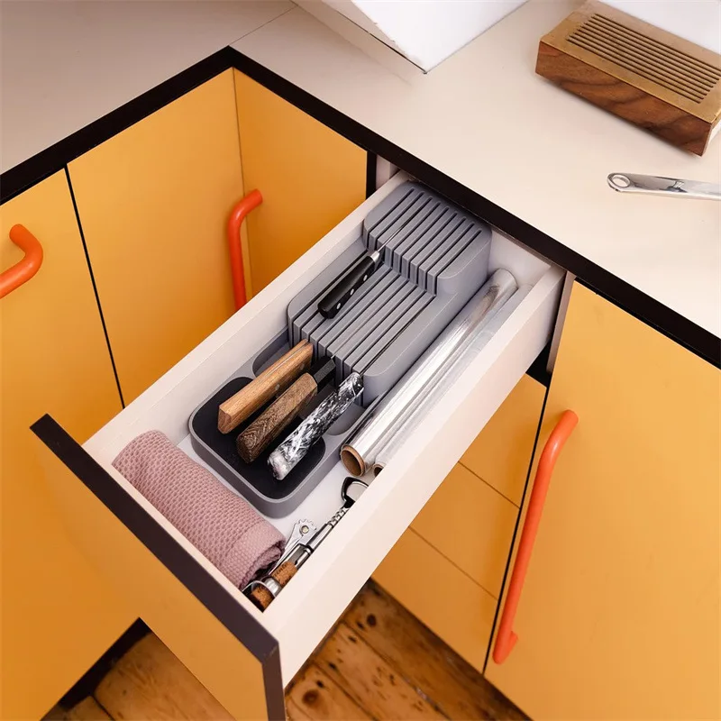 Kitchen Drawer Cutlery Storage Tray Knife Holder Spoon Forks Tableware Organizer Container For Spice Bottles Knives Block Rack