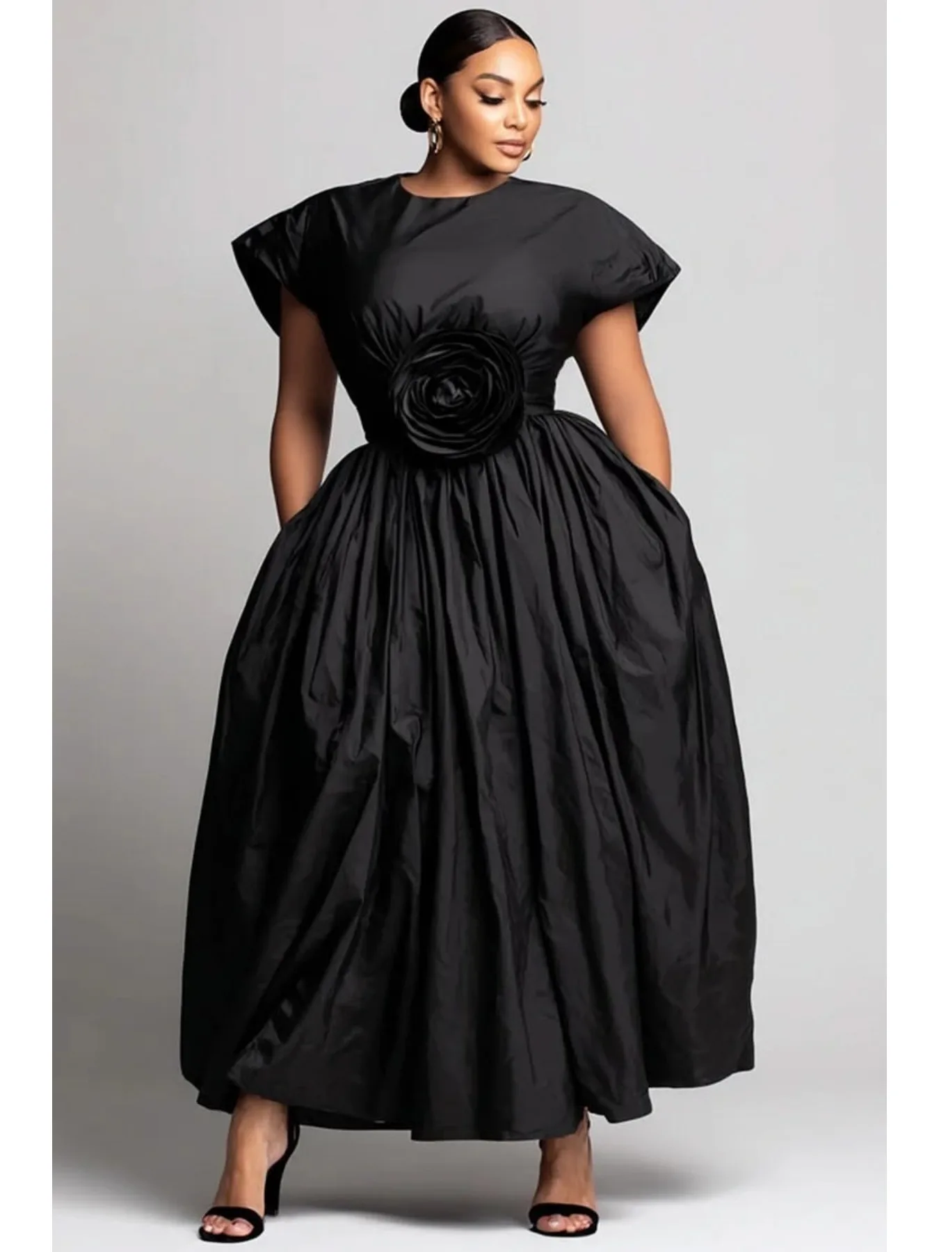 Elegant Plus Size Formal Dress Round Neck Cap Sleeve 3D Rose Waist Detail Pleated A Line Gown Pockets For Evening Party